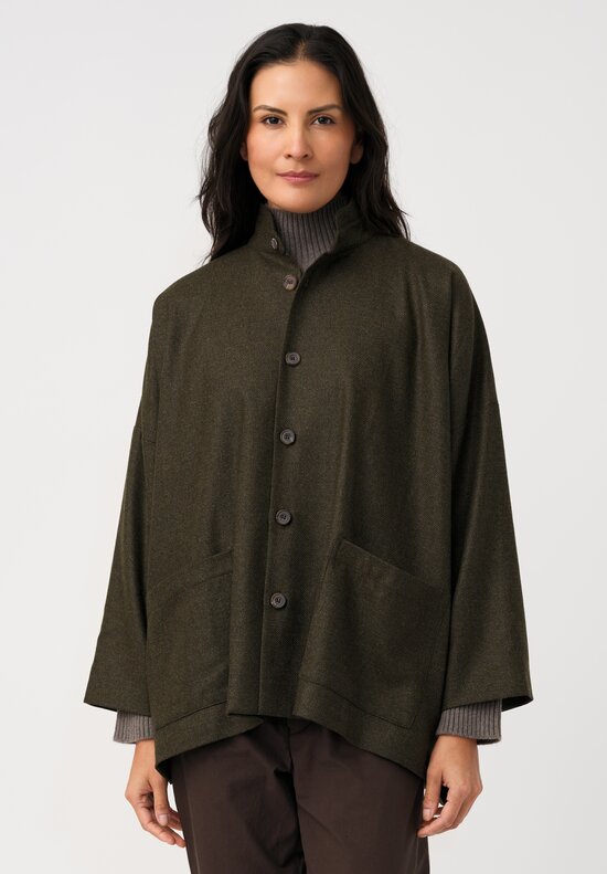 Eskandar Silk Blend Double Stand Collar Jacket in Bronze Olive