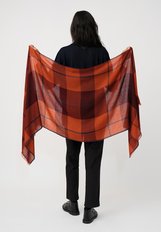 Eskandar Cashmere Tartan Check Scarf in Navy & Rust Orange