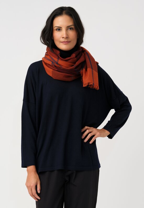 Eskandar Cashmere Tartan Check Scarf in Navy & Rust Orange