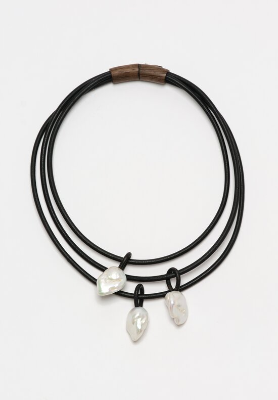 Monies Mint Baroque Pearl, Leather & Bog Oak Necklace	