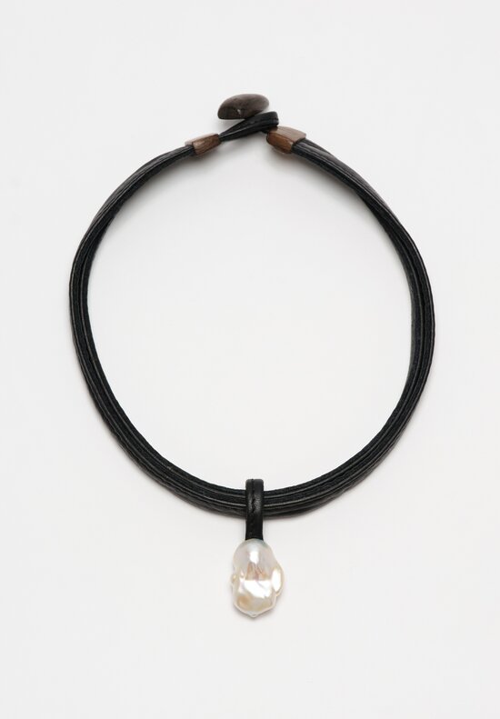 Monies Charbon Baroque Pearl, Leather & Bog Oak Necklace	