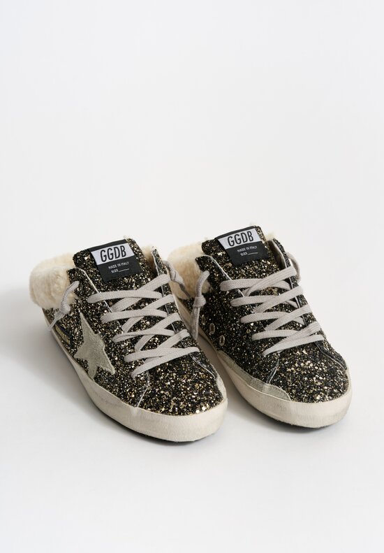 Golden Goose Glitter, Suede & Shearling Super-Star Sabot in Beige, Ice & Black Gold