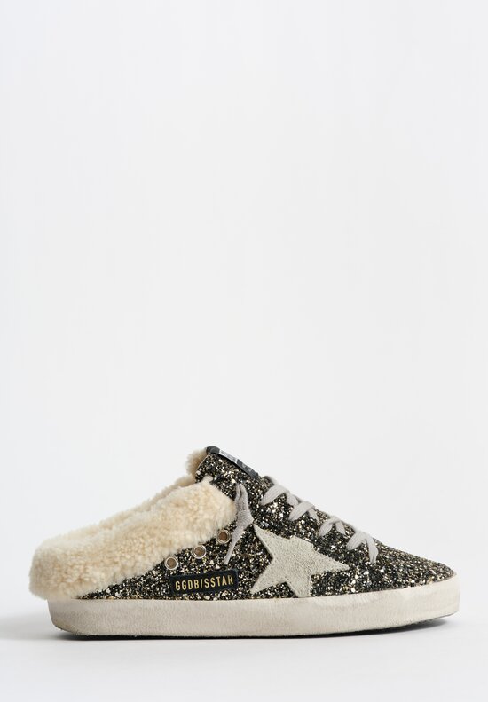 Golden Goose Glitter, Suede & Shearling Super-Star Sabot in Beige, Ice & Black Gold