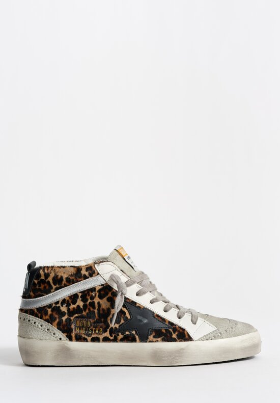 Golden Goose Leopard Horse Hair, Suede & Leather Horsy Mid Star in Ice, Black & Beige Brown