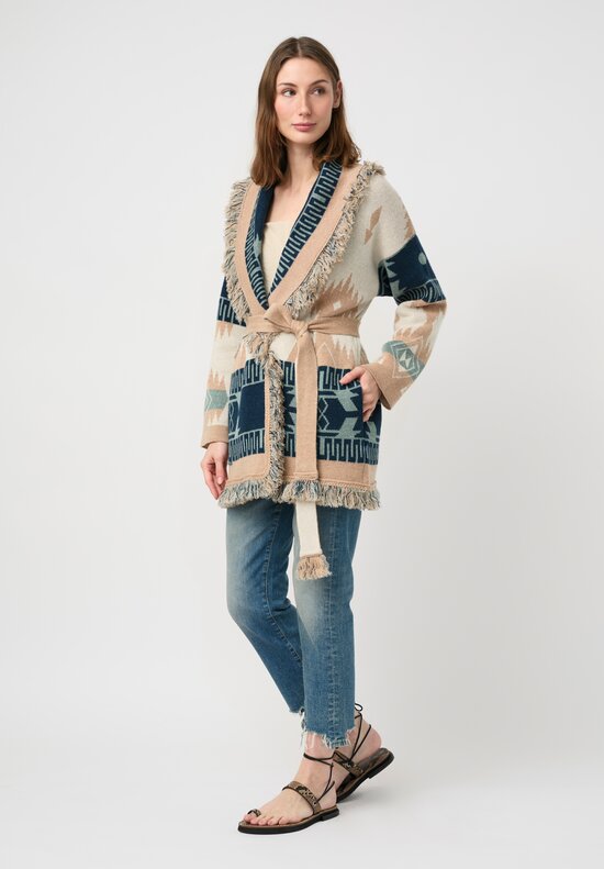 Alanui Linen & Cashmere Jacquard Geometric Pattern Icon Fringed Cardigan