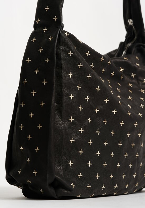 M.A+ Leather Large Square Shoulder Bag with Silver Cross Embellishments Black