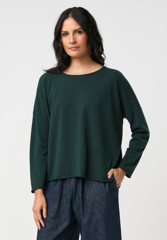 Eskandar Cashmere Rolled Edge Rounded Bateau Neck Sweater in Spruce Green