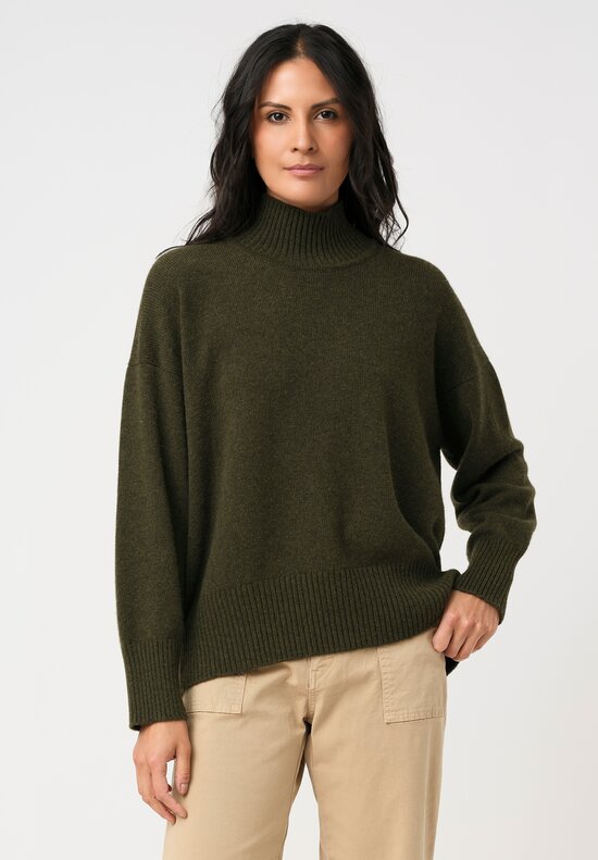 Eskandar Cashmere High Neck Ribbed Edge Sweater in Moss Bronze Olive