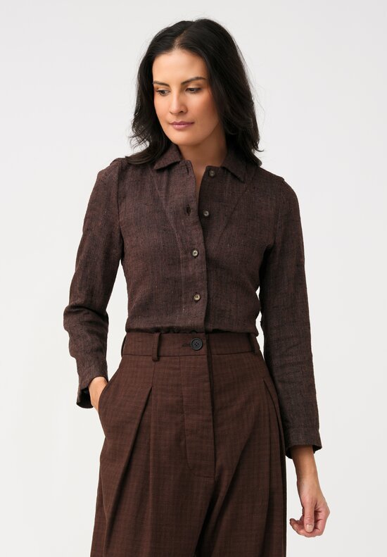 Biek Verstappen Silk & Linen Drawstring Blouson Button-Down Shirt in Plum Brown