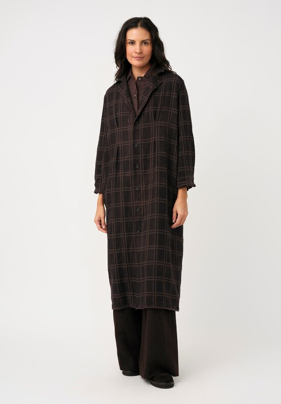 Biek Verstappen Thermal Cotton Pleated Dress Coat in Ash Brown Windowpane Plaid
