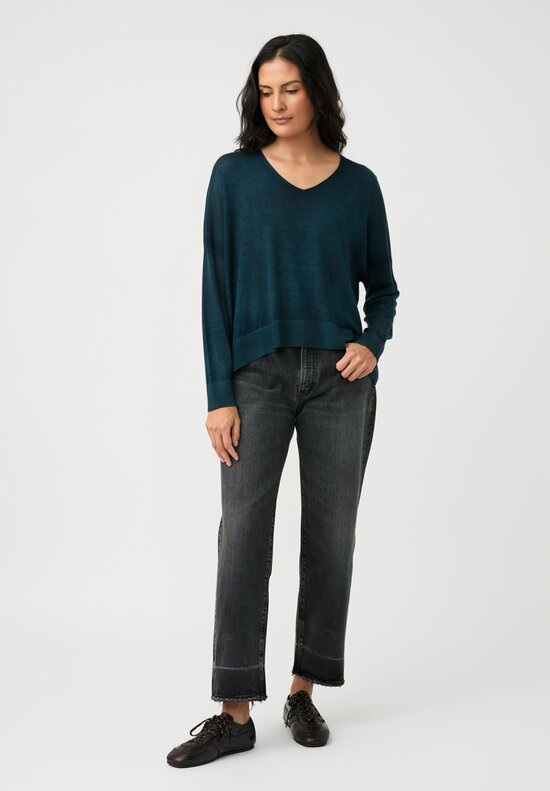 Avant Toi Cashmere & Silk V-Neck Stondata Top in Topazio Teal