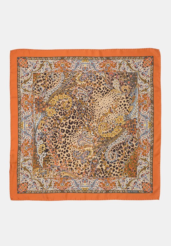 Etro Silk Square Leopard & Paisley Print Turandot Scarf Natural, Brown & Burnt Orange