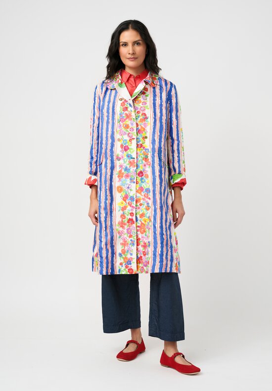 Péro Cotton Silk Illustrated Floral & Stripe Print Double-Breasted Coat
