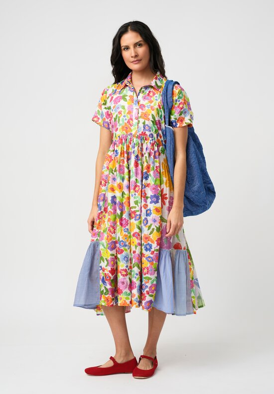 Péro Cotton Silk Illustrated Floral Print Dolman Gathered Dress