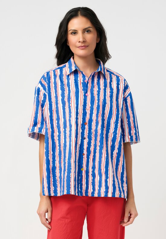 Péro Cotton Poplin Illustrated Stripe Print Button Down Shirt