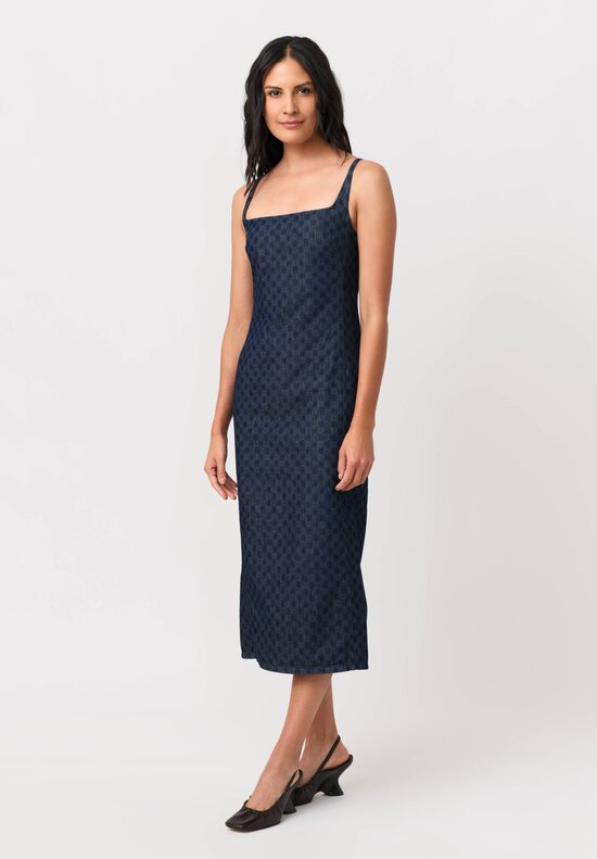 Dries Van Noten Printed Cotton Denim Debano Tank Dress in Sunburst Indigo Blue