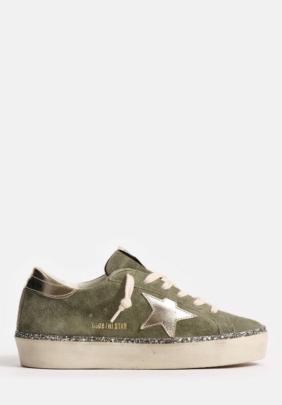 Golden Goose Waxed Suede & Laminated Leather Hi-Star Sneakers with Glitter Foxing