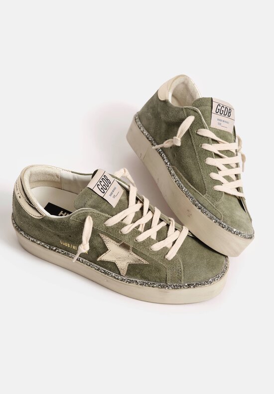 Golden Goose Waxed Suede & Laminated Leather Hi-Star Sneakers with Glitter Foxing