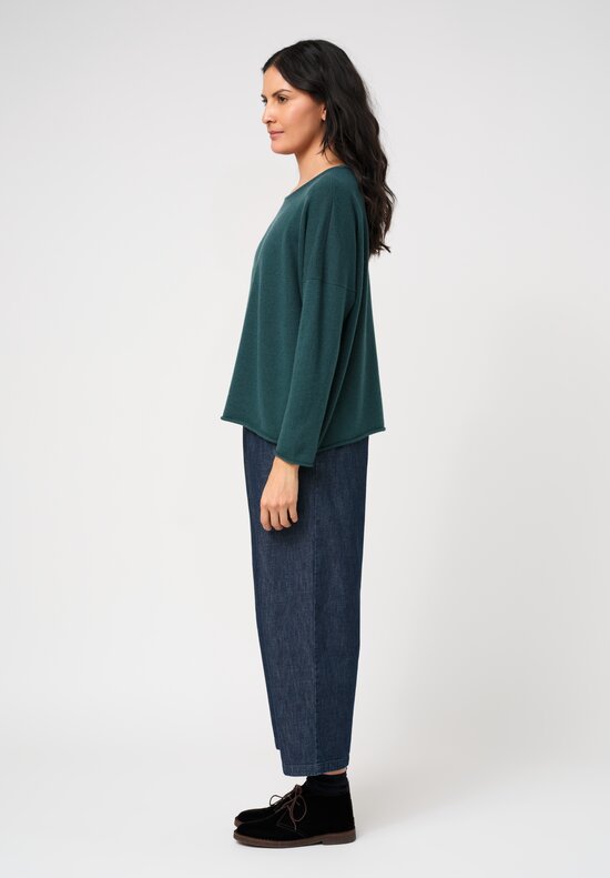 Eskandar Cashmere Rolled Edge Rounded Bateau Neck Sweater in Lagoon Green	