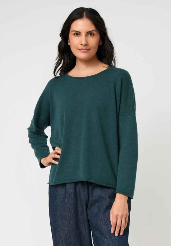 Eskandar Cashmere Rolled Edge Rounded Bateau Neck Sweater in Lagoon Green	