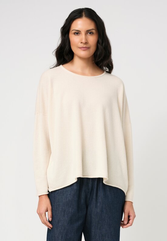 Eskandar Cashmere Rolled Edge Rounded Bateau Neck Sweater in Champagne White	