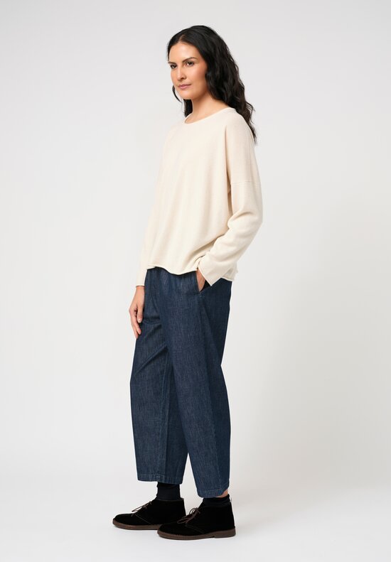 Eskandar Cashmere Rolled Edge Rounded Bateau Neck Sweater in Champagne White	