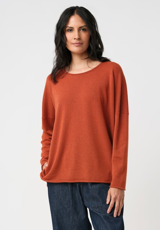 Eskandar Cashmere Rolled Edge Rounded Bateau Neck Sweater in Rust Orange
