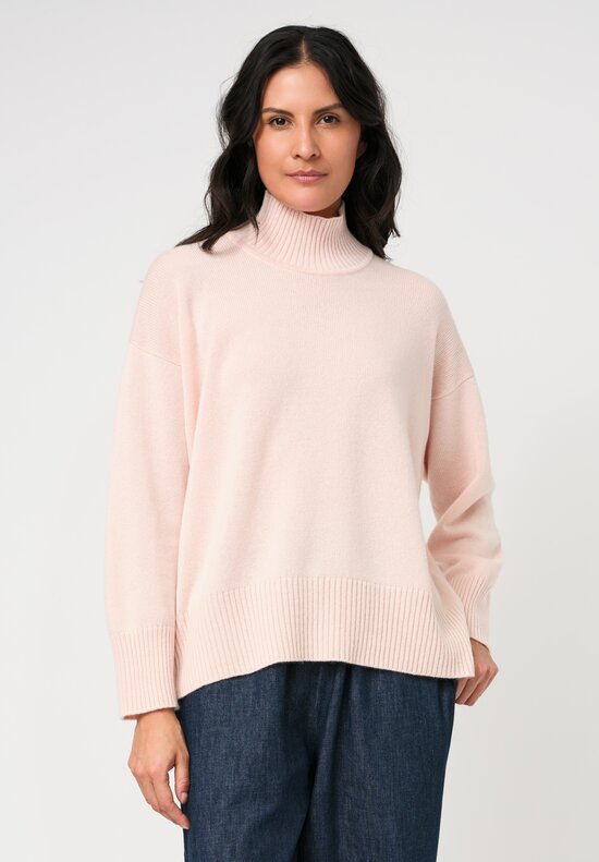 Eskandar Cashmere High Neck Ribbed Edge Sweater in Blush Pink	