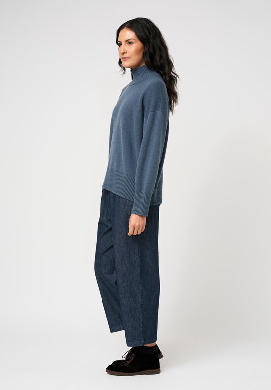 Eskandar Cashmere High Neck Ribbed Edge Sweater in Slate Blue	