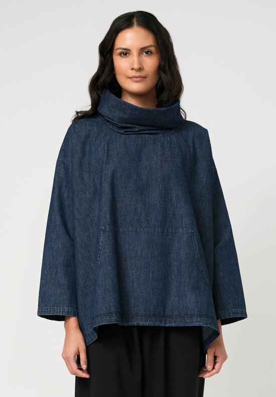 Eskandar Cotton Denim Chambray A-Line Cowl Neck Pullover Top in Dark Jean Blue	