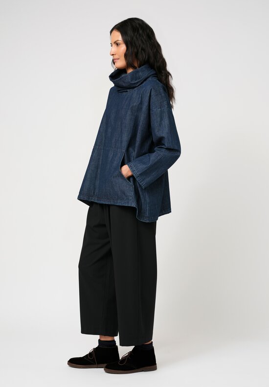 Eskandar Cotton Denim Chambray A-Line Cowl Neck Pullover Top in Dark Jean Blue	