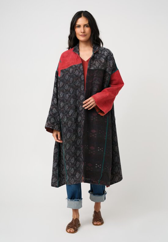 Mieko Mintz Vintage Cotton Kantha Button-Down A-Line Coat in Charcoal Black & Orange