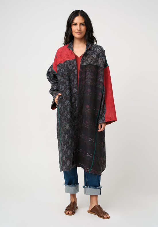 Mieko Mintz Vintage Cotton Kantha Button-Down A-Line Coat in Charcoal Black & Orange