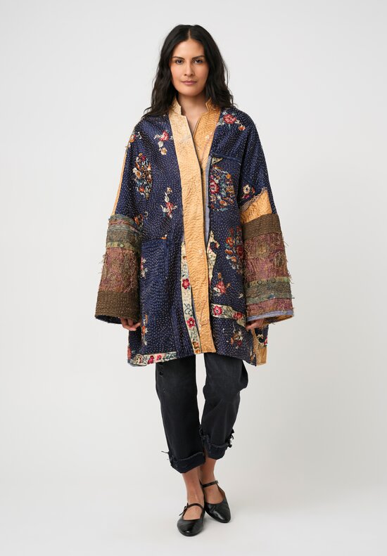 By Walid 19th C. Chinese Silk Embroidered Basma Coat in Blue & Gold Floral