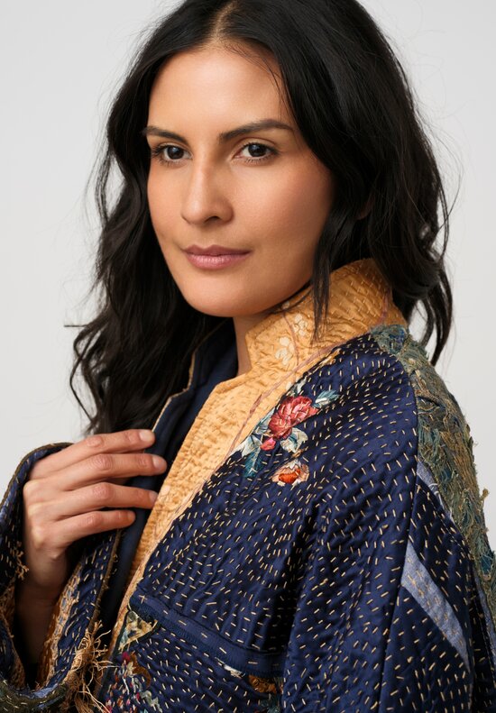By Walid 19th C. Chinese Silk Embroidered Basma Coat in Blue & Gold Floral