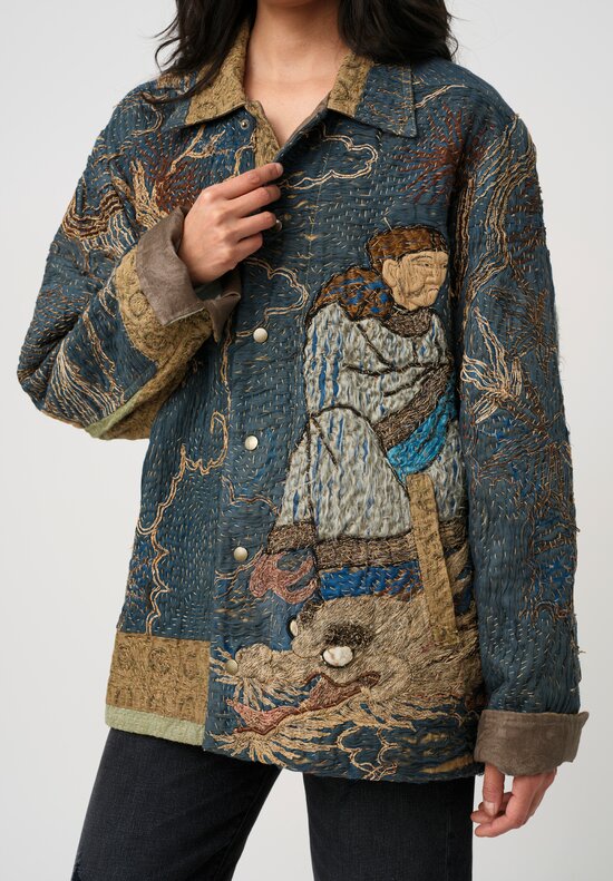 By Walid 19th C. Chinese Silk Embroidered Milton Jacket in Pacific Blue & Gold Dragon