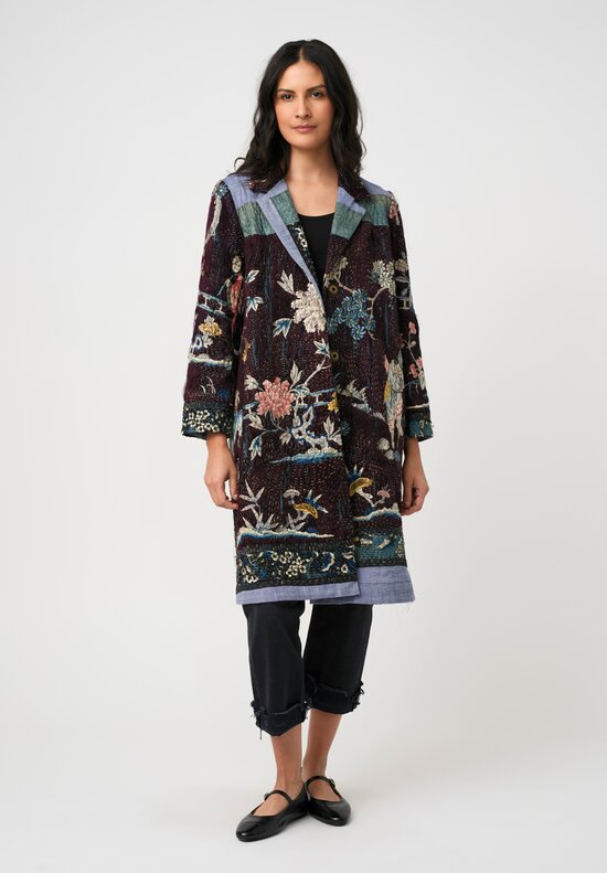 By Walid 19th C. Chinese Silk Embroidered Duster Coat in Floral Syrah Purple