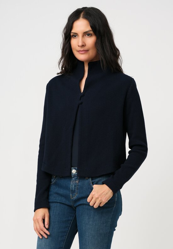 Alabama Chanin Zero-Waste Cotton Waffle Knit Stand Collar Cardigan in Navy Blue