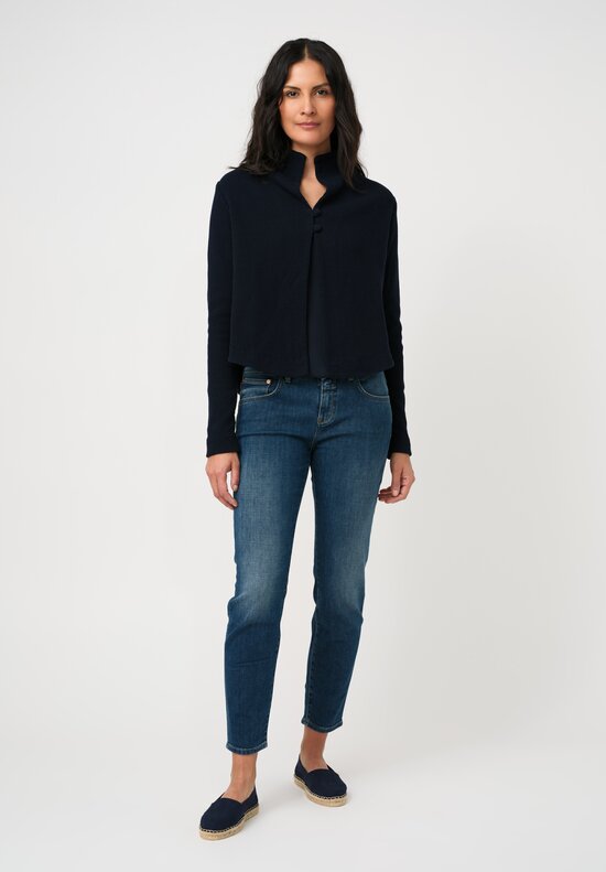 Alabama Chanin Zero-Waste Cotton Waffle Knit Stand Collar Cardigan in Navy Blue