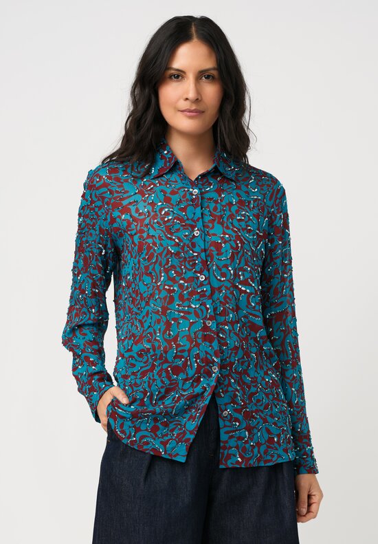 Dries Van Noten Sequin Embellished Abstract Print Cavelly Shirt in Red & Turquoise