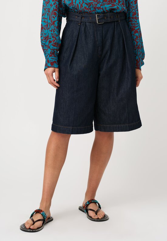 Dries Van Noten Cotton Denim Pleated Belted Shorts in Indigo Blue