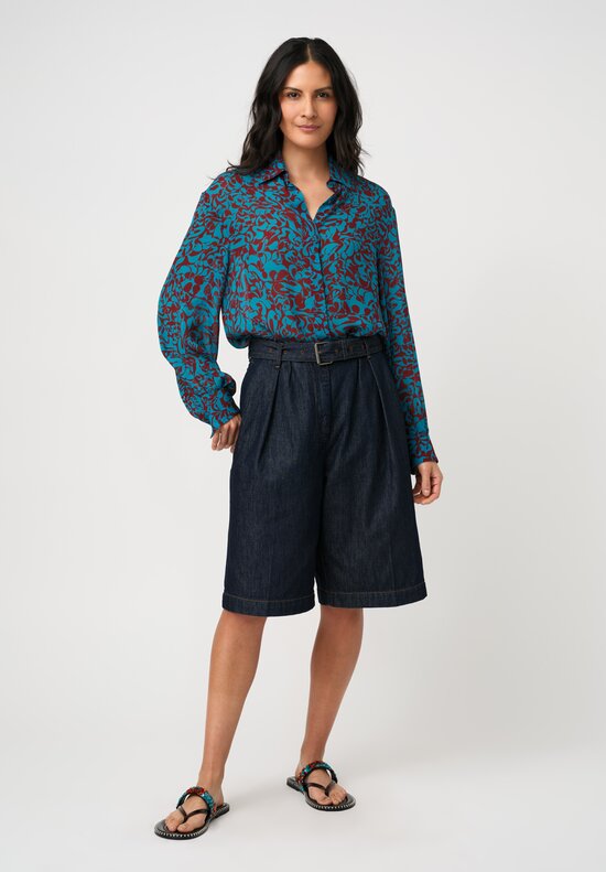 Dries Van Noten Cotton Denim Pleated Belted Shorts in Indigo Blue