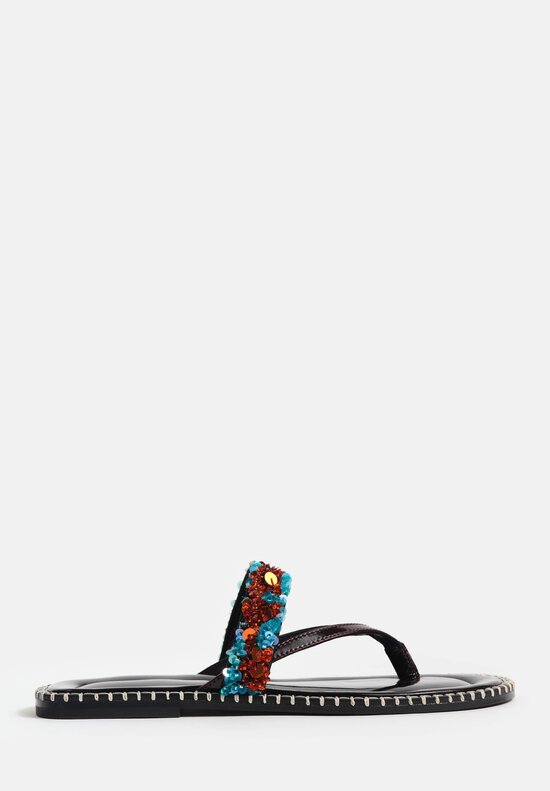 Dries Van Noten Polished Lamb Leather & Sequin Embellished Thong Sandals in Mahogany Brown & Turquoise
