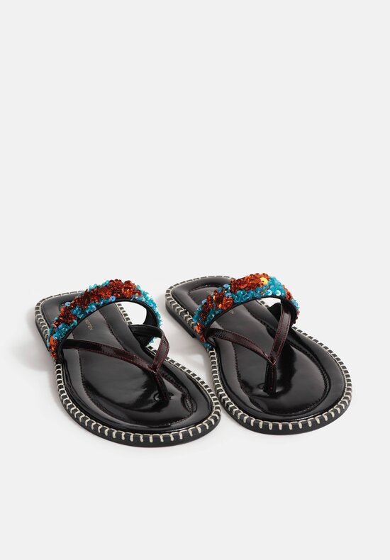 Dries Van Noten Polished Lamb Leather & Sequin Embellished Thong Sandals in Mahogany Brown & Turquoise