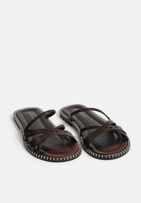 Dries Van Noten Hand-Painted Perforated Leather Slip On Sandal in Tan Brown