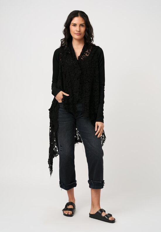 Rundholz DIP Cotton Distressed Lace & Rib Knit Cardigan in Black Gloss