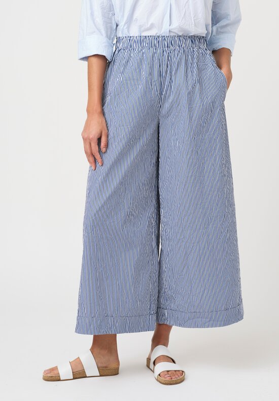 Daniela Gregis Washed Cotton Wide Leg Pigiama Tasche Pants in White & Blue Stripes