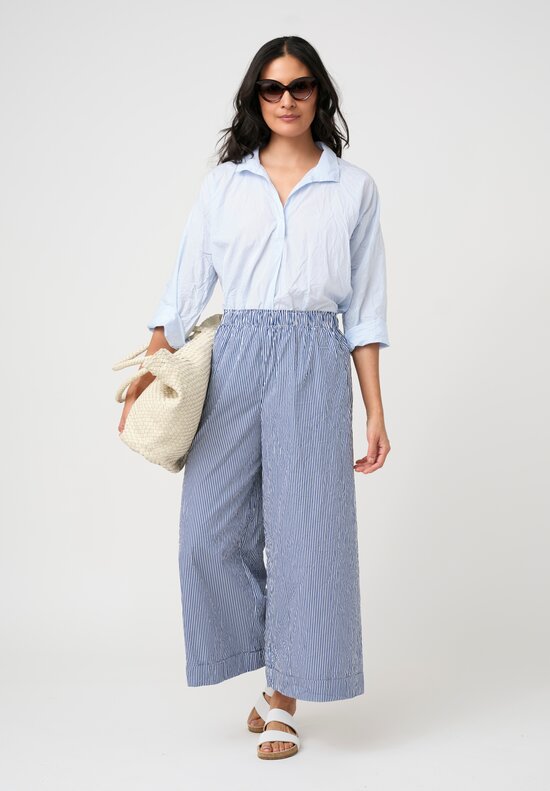 Daniela Gregis Washed Cotton Wide Leg Pigiama Tasche Pants in White & Blue Stripes