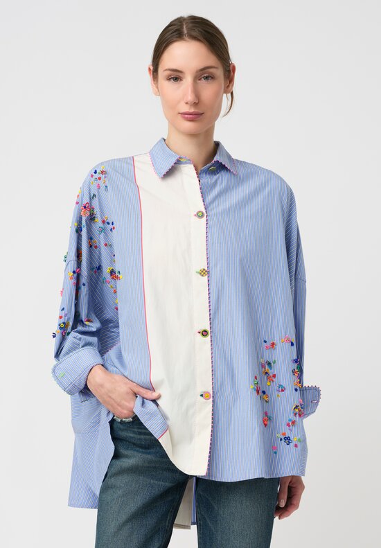 Péro Cotton Paneled Over-Shirt with Hand-Beaded Floral Embellishments in White & Blue Stripes