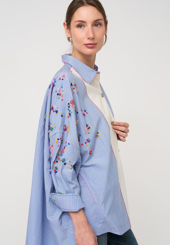 Péro Cotton Paneled Over-Shirt with Hand-Beaded Floral Embellishments in White & Blue Stripes